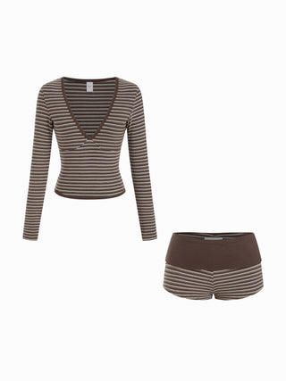 Striped V-neck Long Sleeve Top & Low Rise Shorts Loungewear Set