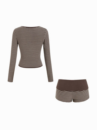 Striped V-neck Long Sleeve Top & Low Rise Shorts Loungewear Set
