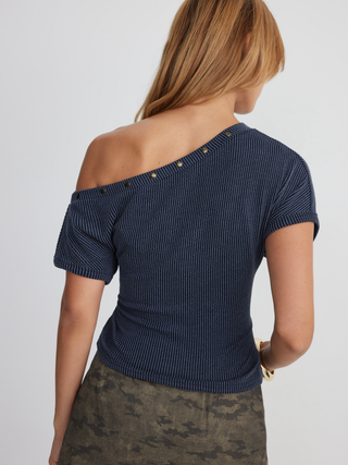 Textured Asymmetrical Neck Short Sleeve Metal Detail Top