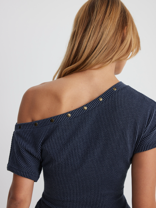Textured Asymmetrical Neck Short Sleeve Metal Detail Top