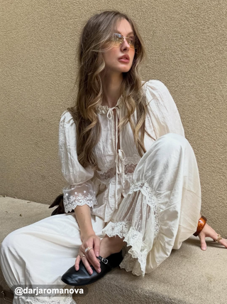 Round Neckline Lace Beaded Puff Sleeve Blouse