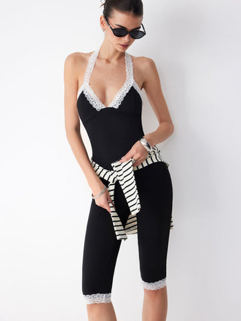 Halter Neckline Lace Trim Mid Rise Leggings Jumpsuit