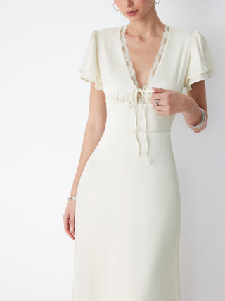 Satin V-neck Lace Trim Tie Front A-line Maxi Dress