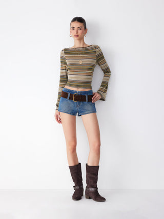 Striped Boat Neck Bell Sleeve Slim Tee