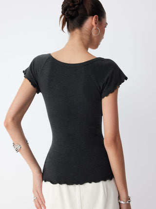 Cotton-blend Scoop Neck Ruffle Sleeve Lettuce Trim Tee