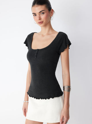 Cotton-blend Scoop Neck Ruffle Sleeve Lettuce Trim Tee