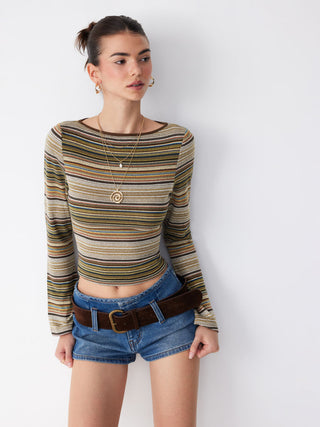 Striped Boat Neck Bell Sleeve Slim Tee