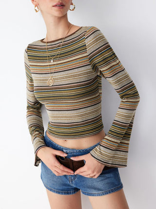 Striped Boat Neck Bell Sleeve Slim Tee