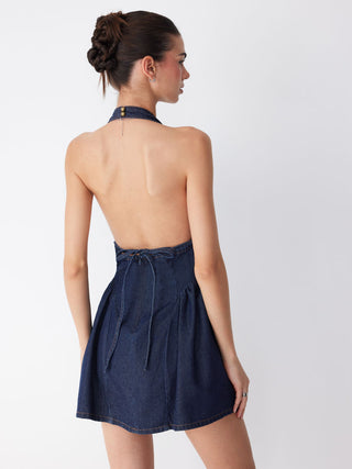 Denim Halter Neckline Backless Flared Mini Dress