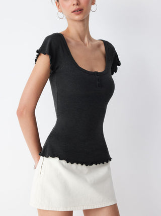 Cotton-blend Scoop Neck Ruffle Sleeve Lettuce Trim Tee