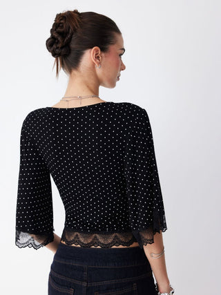 Polka Dot V-neck Bell Sleeve Lace Trim Top