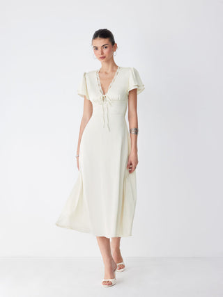 Satin V-neck Lace Trim Tie Front A-line Maxi Dress