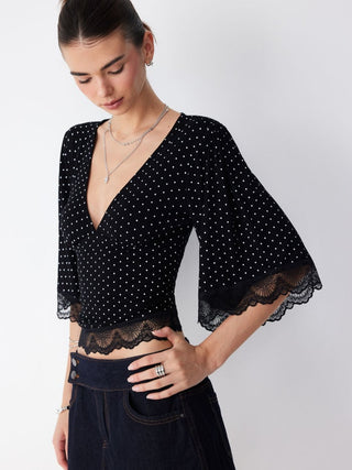 Polka Dot V-neck Bell Sleeve Lace Trim Top