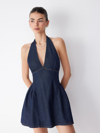 Denim Halter Neckline Backless Flared Mini Dress