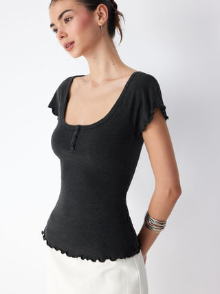 Cotton-blend Scoop Neck Ruffle Sleeve Lettuce Trim Tee