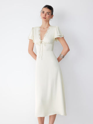 Satin V-neck Lace Trim Tie Front A-line Maxi Dress