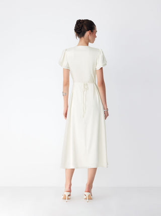 Satin V-neck Lace Trim Tie Front A-line Maxi Dress