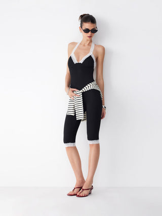 Halter Neckline Lace Trim Mid Rise Leggings Jumpsuit
