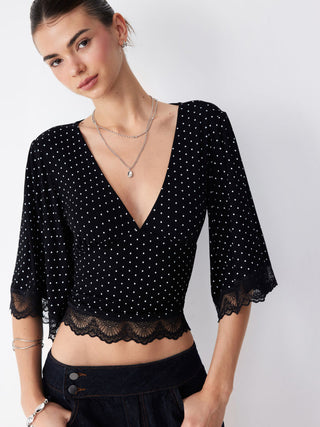 Polka Dot V-neck Bell Sleeve Lace Trim Top