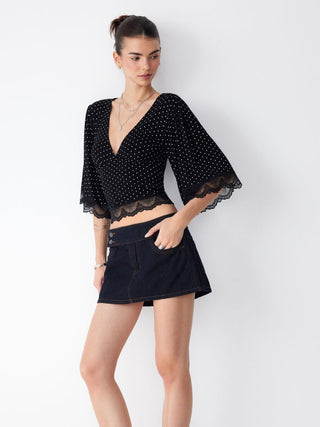 Polka Dot V-neck Bell Sleeve Lace Trim Top