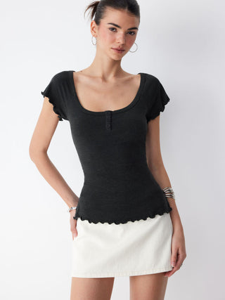 Cotton-blend Scoop Neck Ruffle Sleeve Lettuce Trim Tee