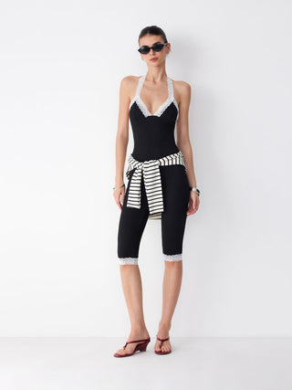 Halter Neckline Lace Trim Mid Rise Leggings Jumpsuit