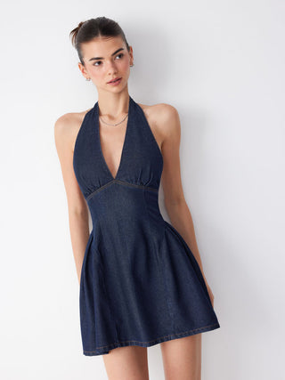 Denim Halter Neckline Backless Flared Mini Dress