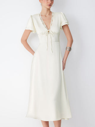 Satin V-neck Lace Trim Tie Front A-line Maxi Dress