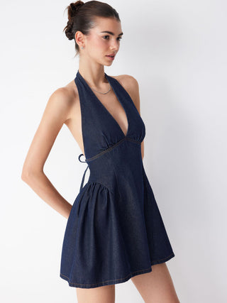Denim Halter Neckline Backless Flared Mini Dress