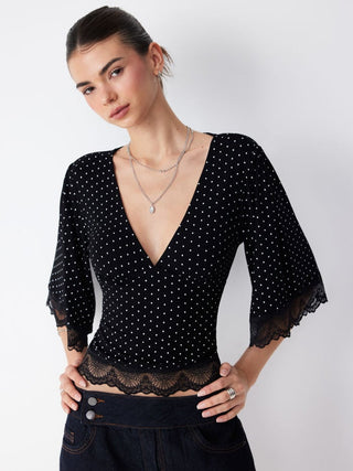 Polka Dot V-neck Bell Sleeve Lace Trim Top