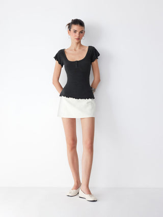 Cotton-blend Scoop Neck Ruffle Sleeve Lettuce Trim Tee