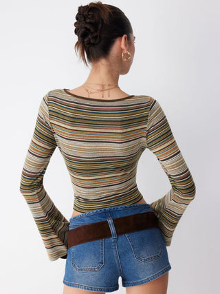 Striped Boat Neck Bell Sleeve Slim Tee