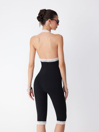 Halter Neckline Lace Trim Mid Rise Leggings Jumpsuit