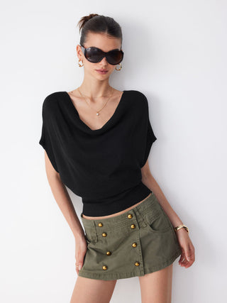Knit Wool-blend Cowl Neck Draped Ruched Top