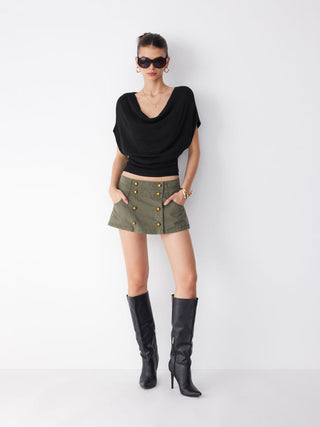 Knit Wool-blend Cowl Neck Draped Ruched Top