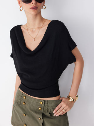 Knit Wool-blend Cowl Neck Draped Ruched Top