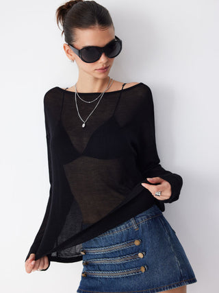 Knit Fabric Boat Neck See-through Oversized Top