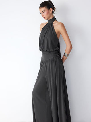 Halter Neckline Ruched Tie Back Wide Leg Oversized Jumpsuit