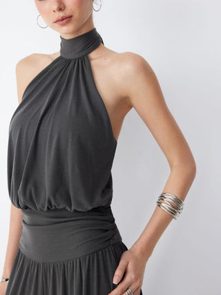 Halter Neckline Ruched Tie Back Wide Leg Oversized Jumpsuit