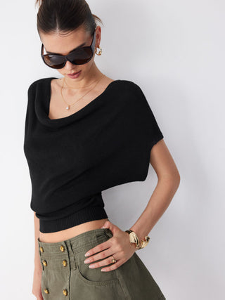 Knit Wool-blend Cowl Neck Draped Ruched Top