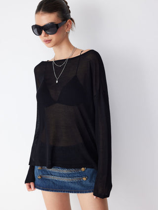Knit Fabric Boat Neck See-through Oversized Top