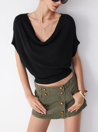 Knit Wool-blend Cowl Neck Draped Ruched Top