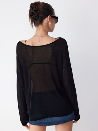 Knit Fabric Boat Neck See-through Oversized Top
