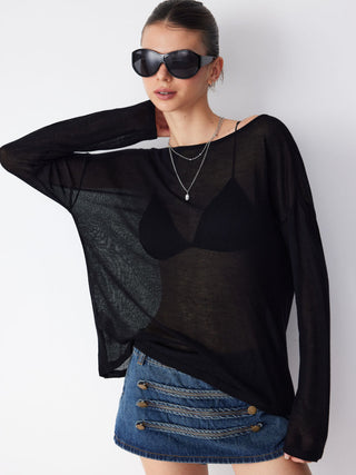 Knit Fabric Boat Neck See-through Oversized Top