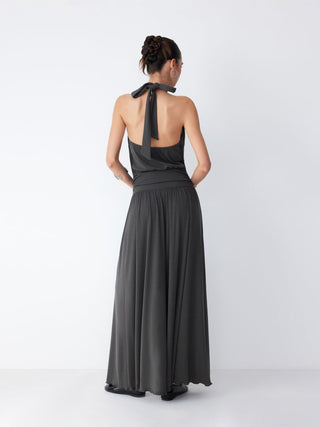 Halter Neckline Ruched Tie Back Wide Leg Oversized Jumpsuit