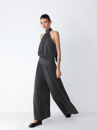 Halter Neckline Ruched Tie Back Wide Leg Oversized Jumpsuit