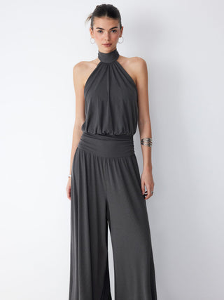 Halter Neckline Ruched Tie Back Wide Leg Oversized Jumpsuit