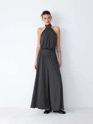 Halter Neckline Ruched Tie Back Wide Leg Oversized Jumpsuit