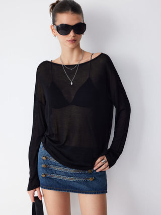 Knit Fabric Boat Neck See-through Oversized Top