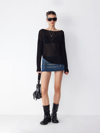 Knit Fabric Boat Neck See-through Oversized Top